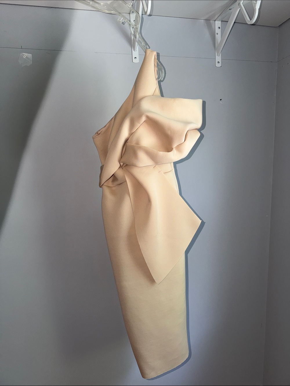 Cream One-Shoulder Draped Sheath Dress